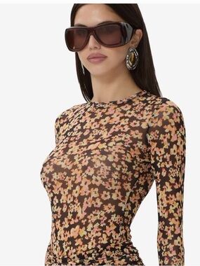 NWT AFRM Black Sheer Mesh Top with Pink & Yellow Floral Print